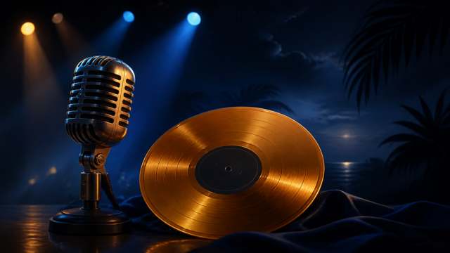 Original illustration of a vinyl record and studio microphone for an On Cue VI music story