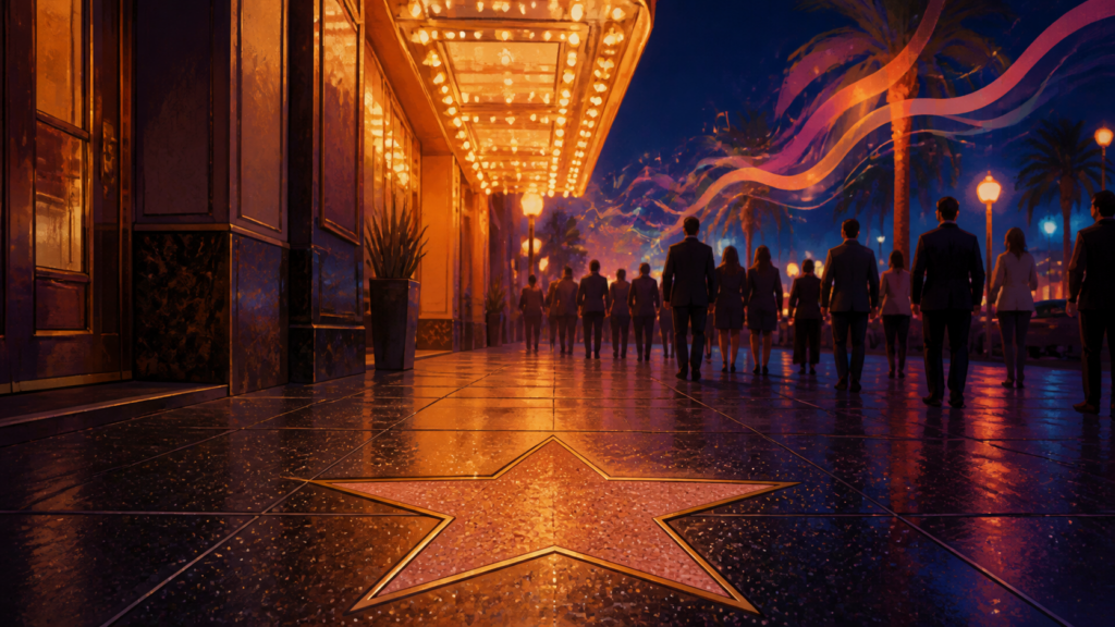 Abstract night boulevard with a blank star inlay and musical color ribbons